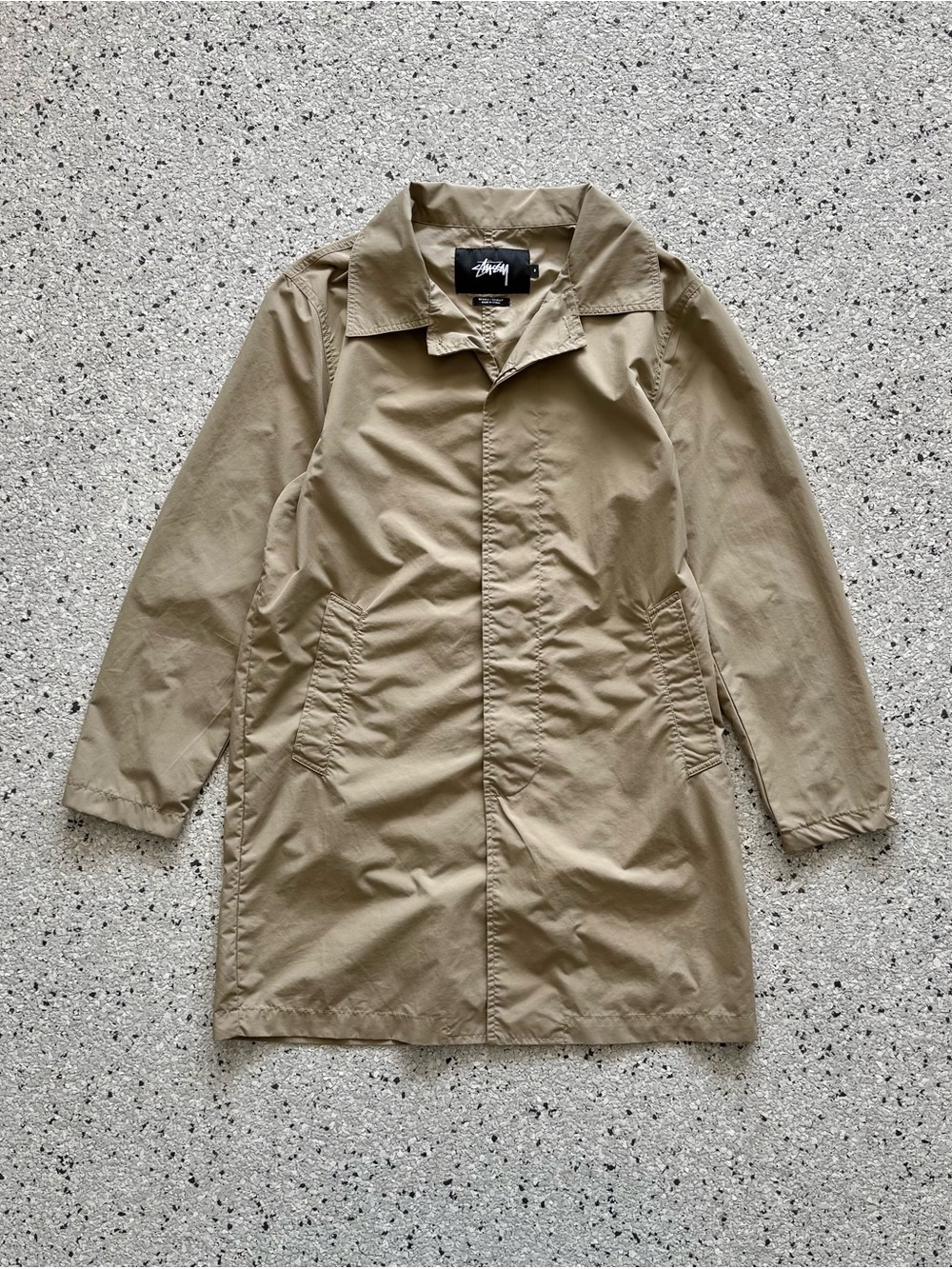Stussy Nylon Trench Rain Coat Tan Long Overcoat Lightweight Jacket Size Small